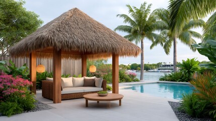 Fototapeta premium Tropical resort lounge area with thatched roof gazebo