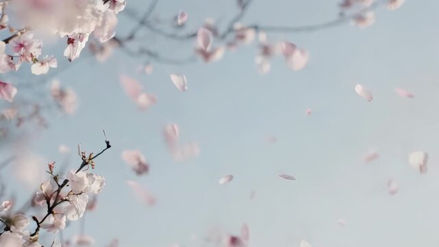 Delicate cherry blossoms and petals in mid-air against a soft blue sky