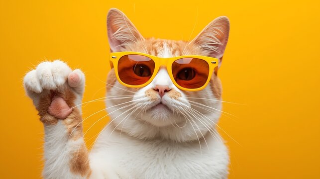 Cool cat in trendy yellow sunglasses giving high five