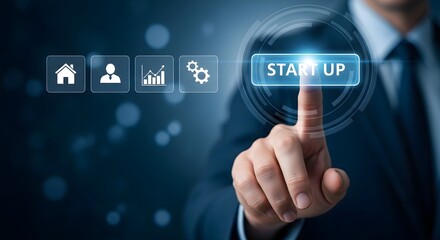 Fototapeta premium Businessman pressing a startup button with icons in the background