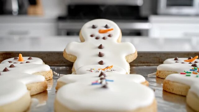 Decorated snowman cookies on baking sheet in a kitchen