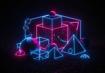 Futuristic Aglow Geometric Shapes with Neon Blue Pink Light on Dark Grainy Noise Background Abstract Illustration