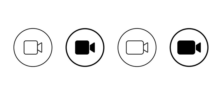 Video camera icon set in circular outline. Multimedia recording, streaming, facetime, and content creation symbol