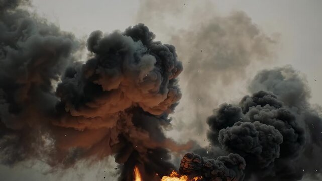 Explosive, dramatic scene of thick, dark smoke billowing with fire and debris amidst a hazy sky