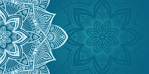 Horizontal color vector mandala banner. Decorative flower mandala on turquoise background. Luxury mandala color vector background. Arabic, islamic east style. Vector color illustration.