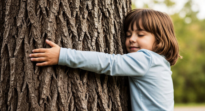Child hugging old oak tree symbolizing harmony with nature