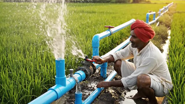 Indian farmer adjusts irrigation pipes in lush green rice paddy field