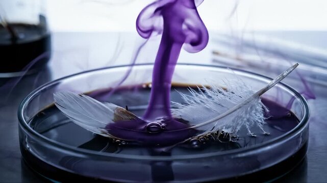 Purple Liquid Drips Onto Feather in Petri Dish