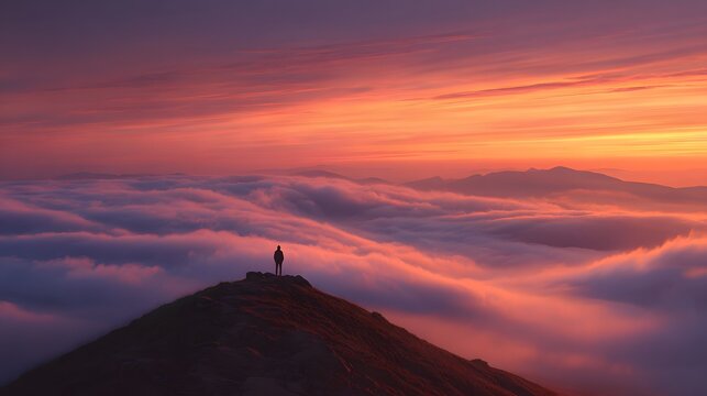 Lone Figure Silhouetted on Mountaintop Above Sea of Clouds at Sunset.