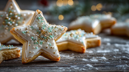A star-shaped cookie with white icing and sprinkles on a wooden surface