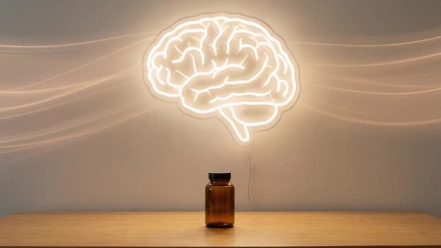 Glowing brain health supplements concept with neon brain above amber supplement bottle on wooden table conveying focus wellness and calmness