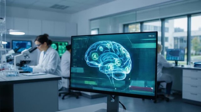 Brain health supplements cognitive research laboratory scientist imaging research lab monitor showing neural map digital brain scan visualization