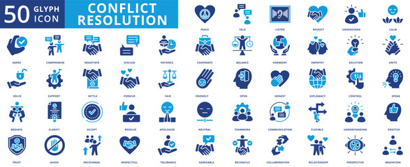 Conflict resolution icon set collection in flat style. icon pack contain peace, talk, listen, respect, understand, calm, agree, solve, mediate, trust