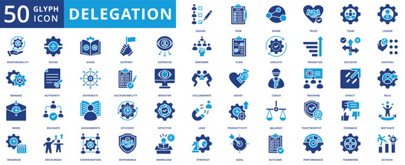 Delegation icon set collection in flat style. icon pack contain assign, task, share, trust, team, leader, responsibility, manage, work, organize