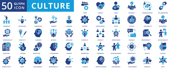 Culture icon set collection in flat style. icon pack contain team, respect, trust, integrity, communication, collaboration, leadership, responsibility, discipline, productivity