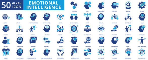 Emotional intelligence icon set collection in flat style. icon pack contain emotion, feel, understand, control, manage, express, listen, empathy, patience, respect