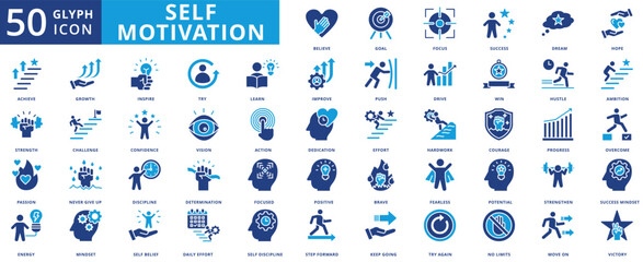 Self motivation icon set collection in flat style. icon pack contain believe, goal, focus, success, dream, hope, achieve, strength, passion, energy