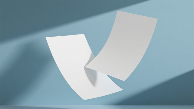 Curved A4 paper sheets floating against a soft pastel blue background, adding a dynamic 3D effect