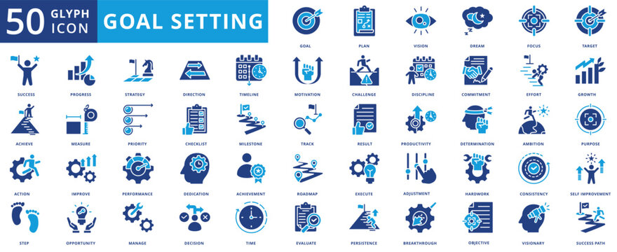 Goal setting icon set collection in flat style. icon pack contain goal, plan, vision, dream, focus, target, success, achieve, action, step