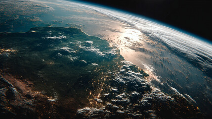 The curved surface of the Earth is visible from space with sunlight reflecting off the oceans and clouds