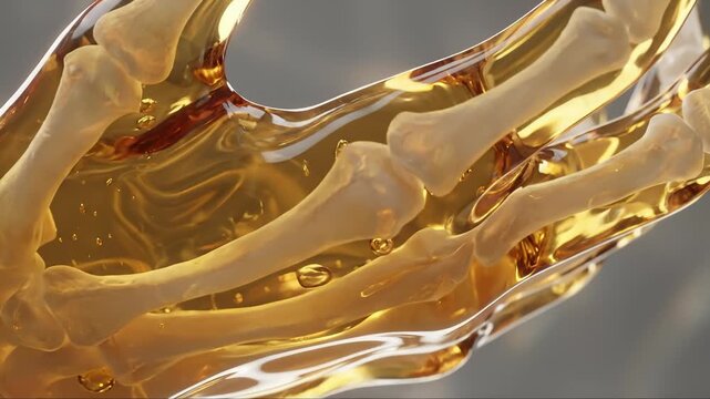 Skeleton Hand Submerged in Golden Liquid Motion