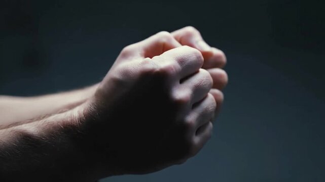 Close-up shot of tightly clasped hands in a dim, moody setting with a shallow depth of field, evoking a sense of tension or anticipation