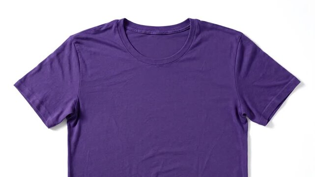 A close-up shot of a plain purple t-shirt on a white background. It's a classic crew neck design