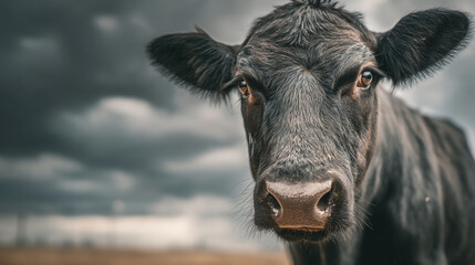 A black cow with a brown nose looks directly at the camera on a cloudy day