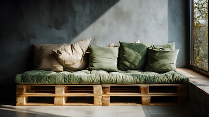 Cozy Pallet Couch with Green Cushions and Pillows in Sunlight.