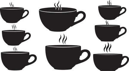 Set of black coffee cups with steam rising illustration