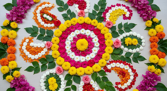 Basanta Utsav Festive Floral Patterns Flat Lay with Rangoli Inspired Flower Arrangement