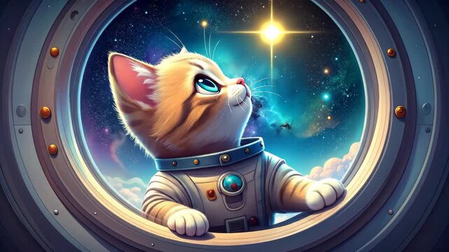 Cute Kitten Astronaut Looking at Star Through Spaceship Window Illustration