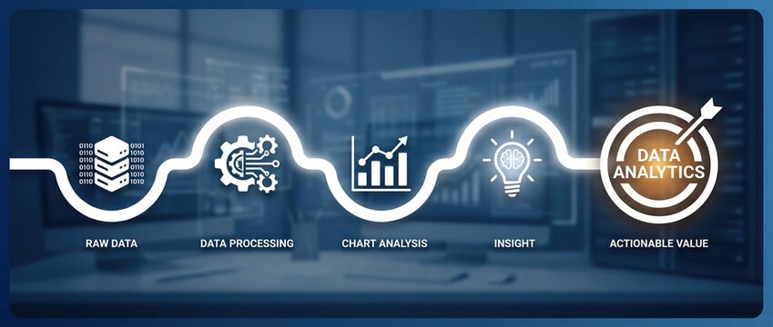 Data Analytics Data Processing Big Data Business Intelligence Infographic Information Technology Digital Transformation workflow from raw data to actionable insights and value.