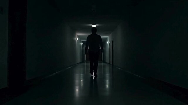 A solitary figure walks purposefully into the distant, bright light at the end of a long, dark, and narrow corridor, symbolizing a journey towards the unknown, hope, or an uncertain future