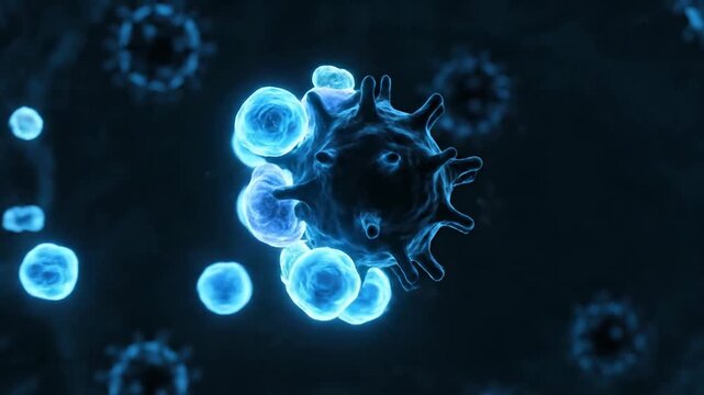 Eerie dark blue viral microbes move menacingly next to defensive white blood cells deep inside the human body, capturing a microscopic infection scene.