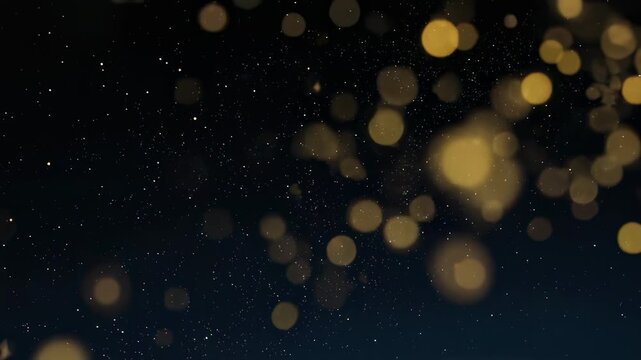 Glowing bokeh and star particles float against a dark blue gradient backdrop