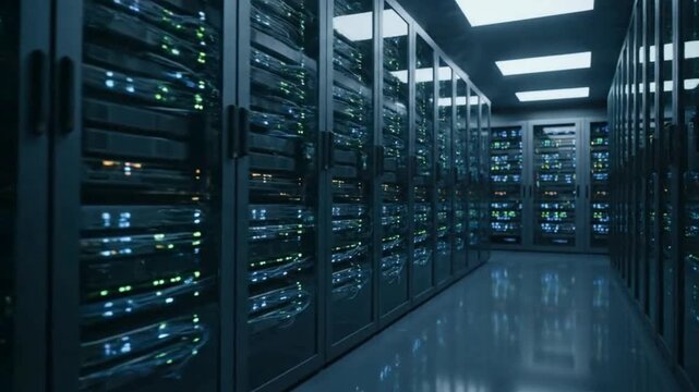 Modern data center with illuminated server racks. High-tech infrastructure supporting powerful digital data processing and continuous information storage