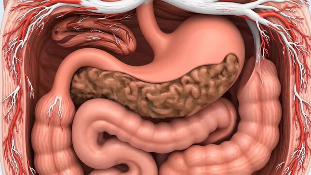 A detailed 3D visualization of the internal human digestive tract clearly reveals the stomach filled with processed food contents, surrounded by the small and large intestines.