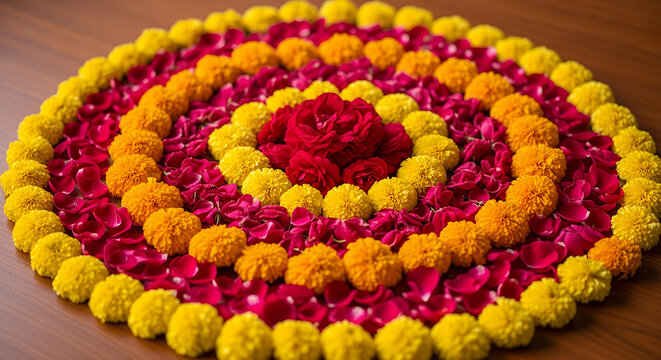 Basanta Utsav Vibrant Flower Arrangement with Circular Marigold and Rose Petal Patterns