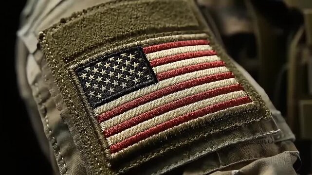 Close-Up of Subdued Black and Blue American Flag Patch on Tactical Military Uniform, Law Enforcement and Patriotism Concept