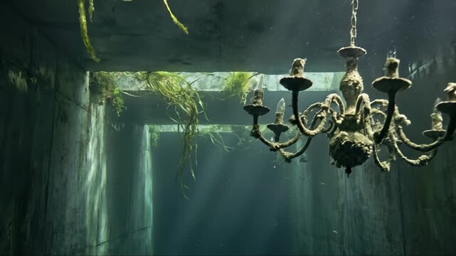 Sunlight Streams Into Submerged Abandoned Structure with Chandelier