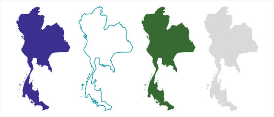 Thailand Map Silhouettes in Blue, Outline, Green, and Patterned Styles