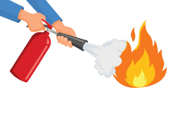 Hands holding fire extinguisher to extinguish the burning fire 