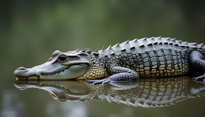 Obraz premium Detailed Alligator Resting on Water Surface with Reflection Greenery Background