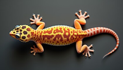 Obraz premium Close-up Top View of a Vibrant Orange and Yellow Spotted Leopard Gecko Reptile with Red Tail Stripes on a Dark Gray