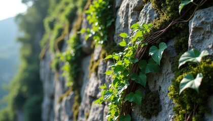 CloseUp of Sunlit Green Ivy and Moss Growing on a Textured Gray Stone Wall in a Lush Natural Landscape with Soft Bokeh