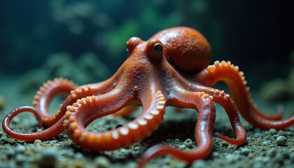 Detailed close-up of a vibrant orange octopus with textured skin and suckered tentacles resting on a sandy seabed