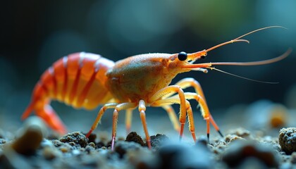 Vibrant Orange Freshwater Shrimp Crawling Across Sandy Aquarium Substrate Macro Photography With Soft Bokeh Background