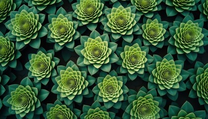 Overhead View of Repeating Green Succulent Plants with Dark Background and Natural Lighting