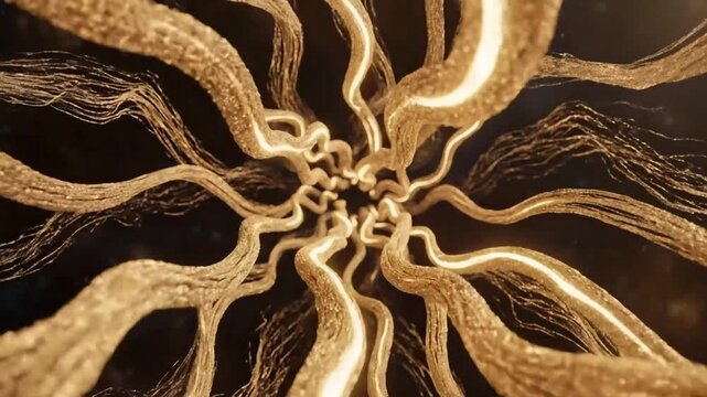 Abstract golden fractal bloom emerging from darkness a mesmerizing digital art piece symbolizing growth innovation and interconnectedness with a futuristic feel